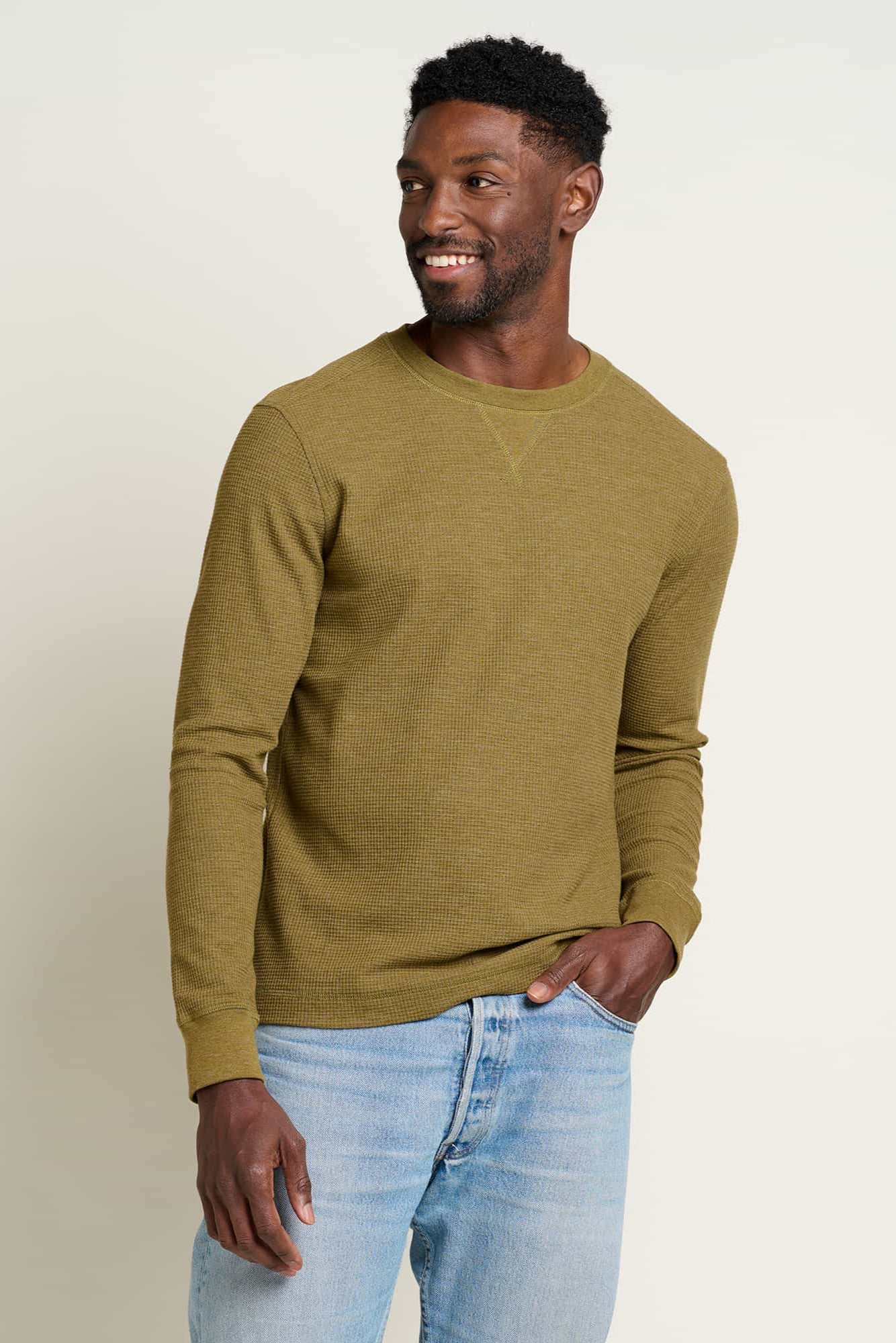 Framer Men's Long Sleeve Waffle Crew Neck: Fir