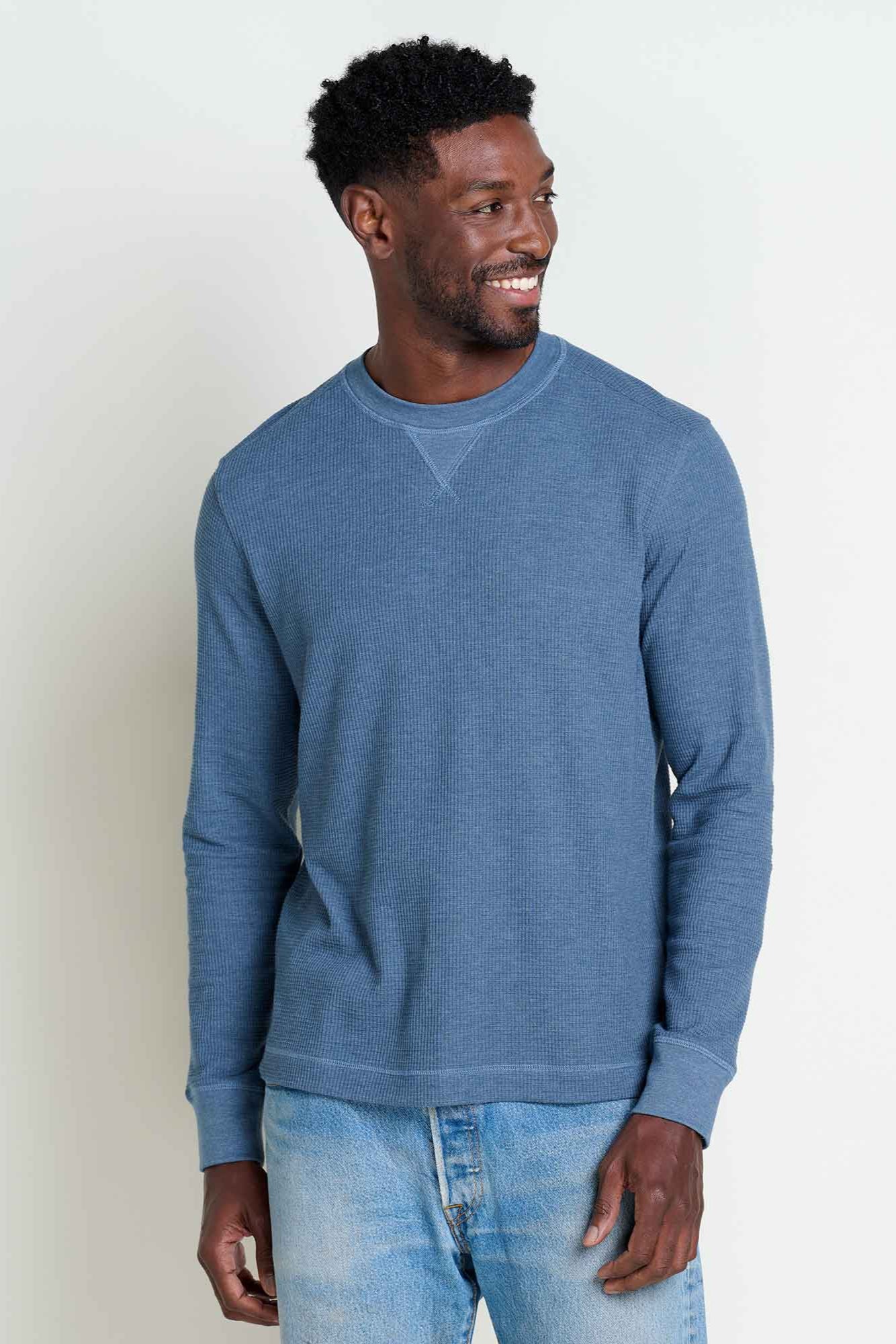 Framer Men's Long Sleeve Waffle Crew Neck: Pacific Blue
