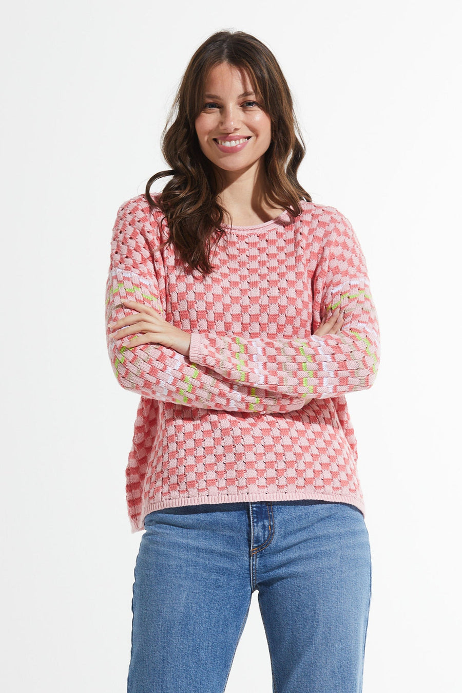 Z&P Cotton Checkered Crew Neck Sweater in Petal