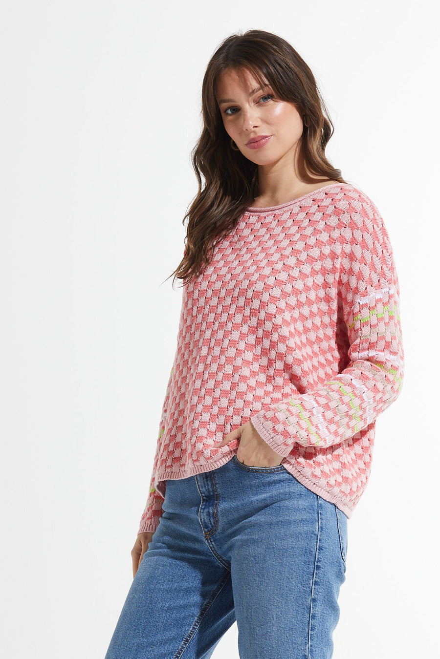 Z&P Cotton Checkered Crew Neck Sweater in Petal