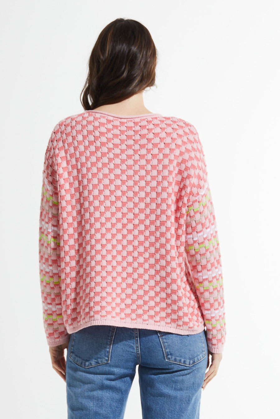 Z&P Cotton Checkered Crew Neck Sweater in Petal