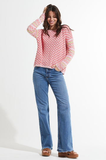 Z&P Cotton Checkered Crew Neck Sweater in Petal