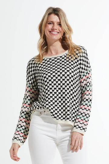 Z&P Cotton Checkered Crew Neck Sweater in Vanilla