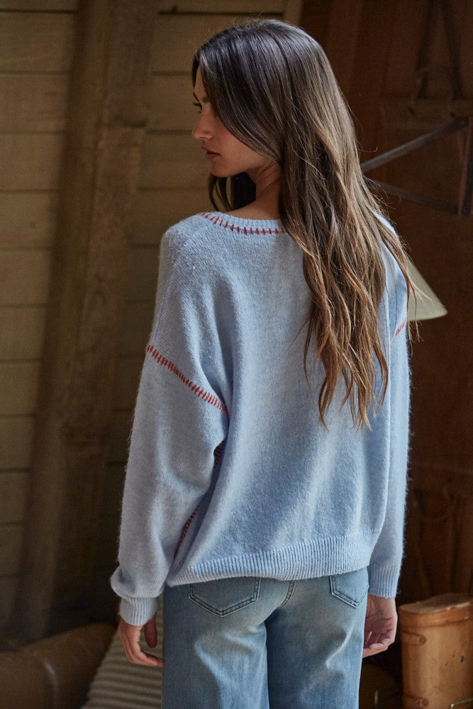 In the Blues Contrast Stitches Crew Neck Sweater