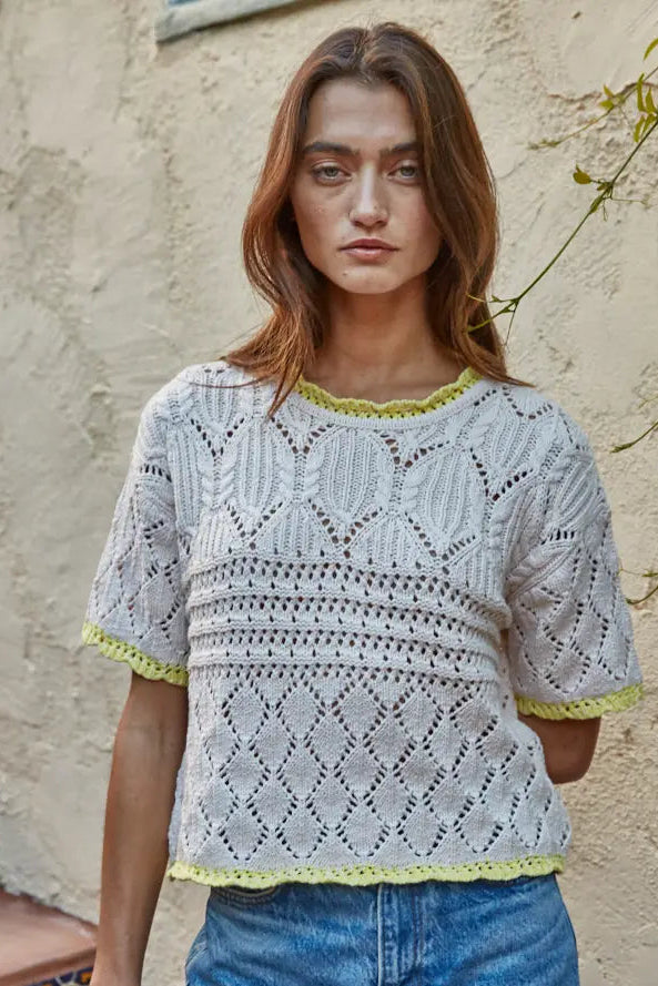 Lemon Tipped Cotton Crochet Short Sleeve Sweater