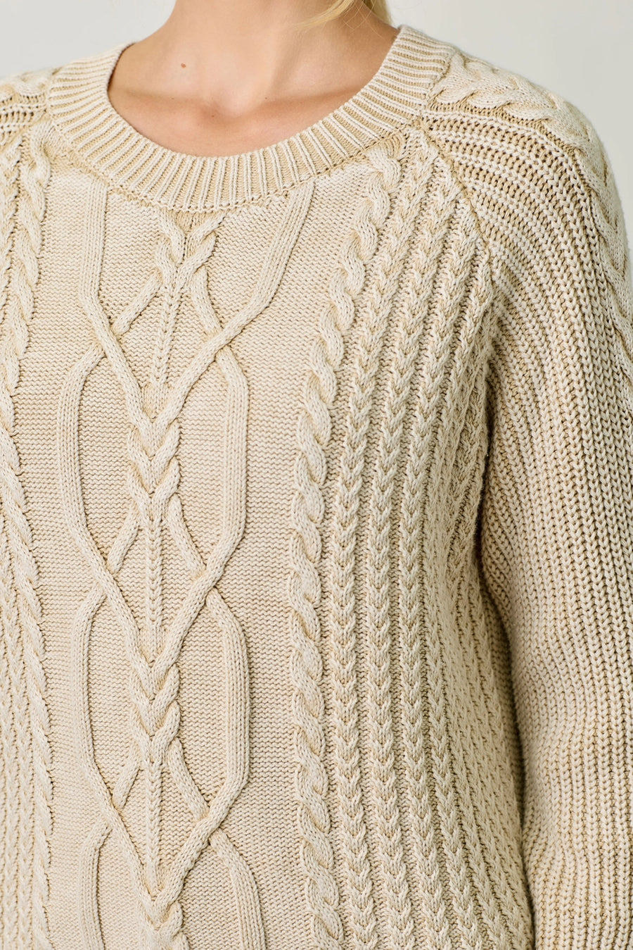 Pebble Washed Cotton Cable Crew Sweater: Almond