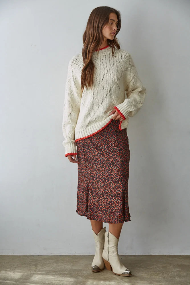Pointelle Tipped Knit Cotton Crew Neck Sweater