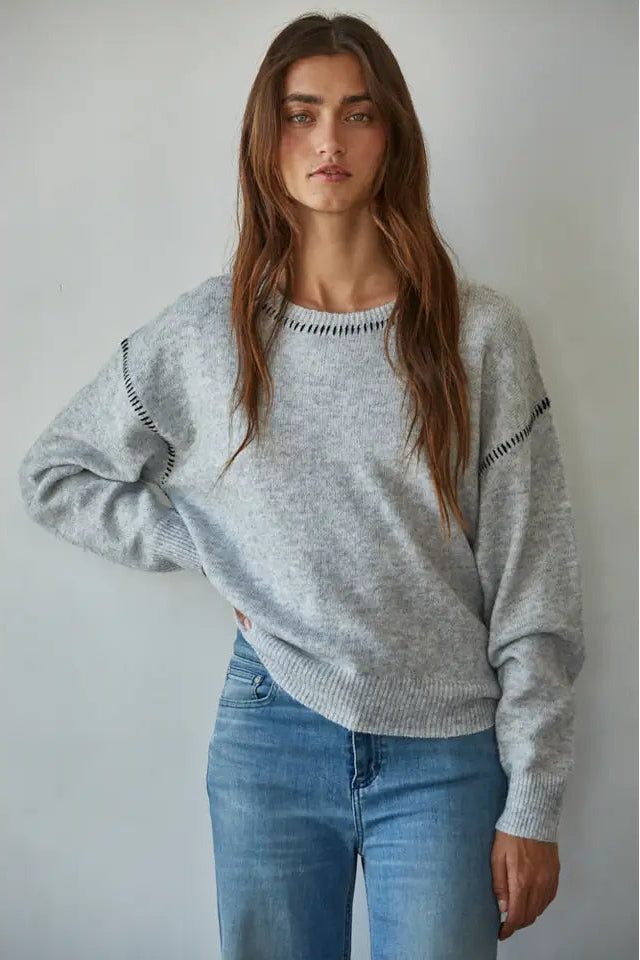 Grey Heather Contrast Stitches Crew Neck Sweater