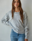 Grey Heather Contrast Stitches Crew Neck Sweater