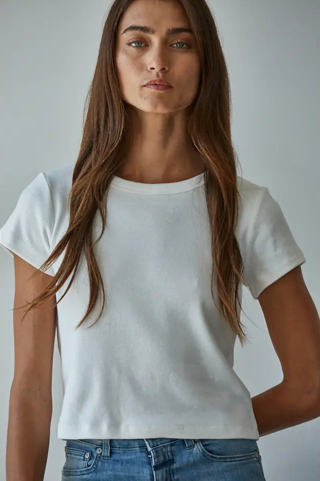 Crop Knit Cotton Round Neck Short Sleeve Tee