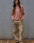 Coral Contrast Stitches Crew Neck Sweater