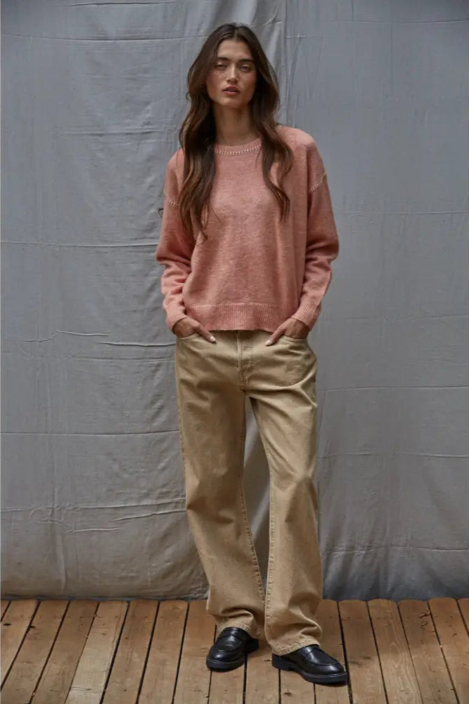 Coral Contrast Stitches Crew Neck Sweater