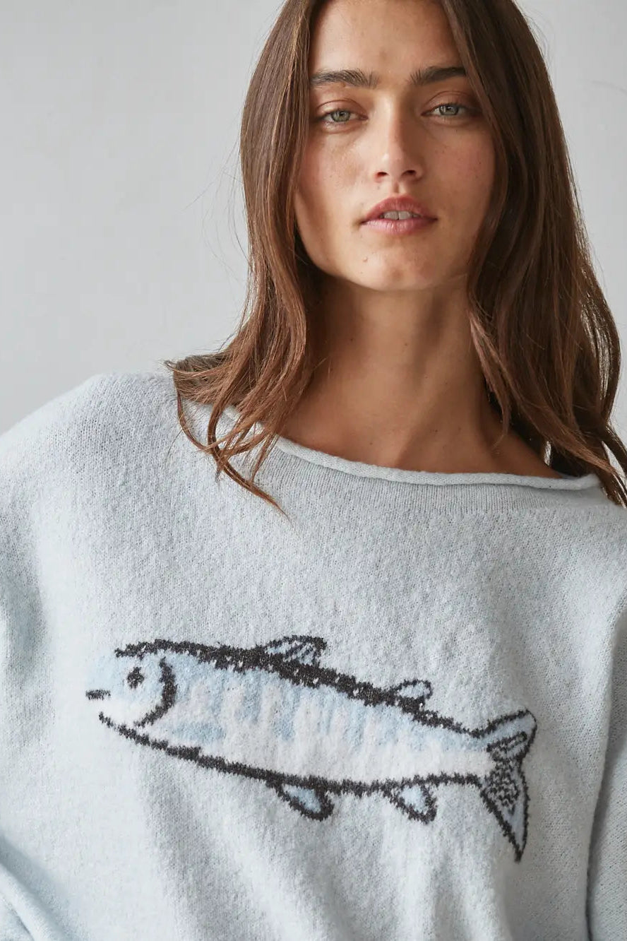 A Little Fishy Light Blue Crew Neck Sweater