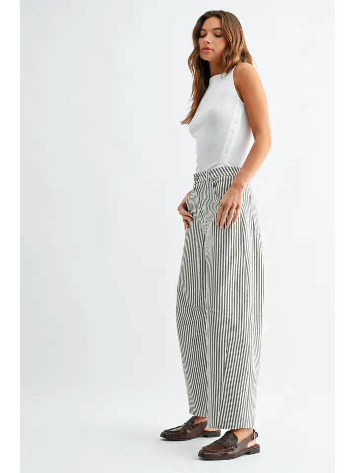 Olive Striped Raw Hem Barrel Jeans