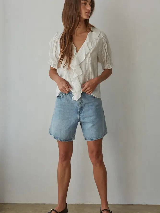 Woven Cotton Buttondown Ruffle V-Neck Short Sleeve Top