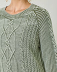 Pebble Washed Cotton Cable Crew Sweater: Sage