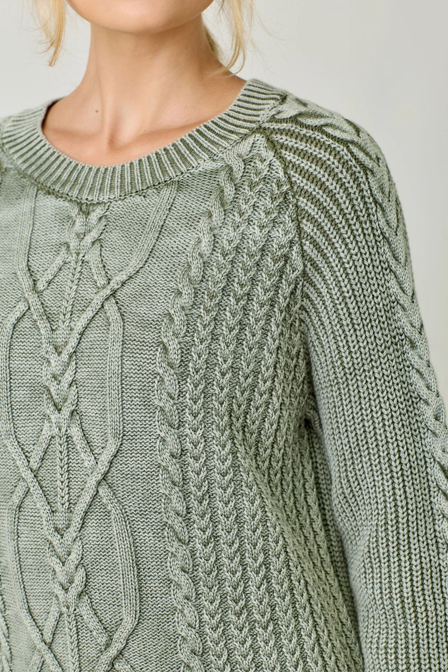 Pebble Washed Cotton Cable Crew Sweater: Sage