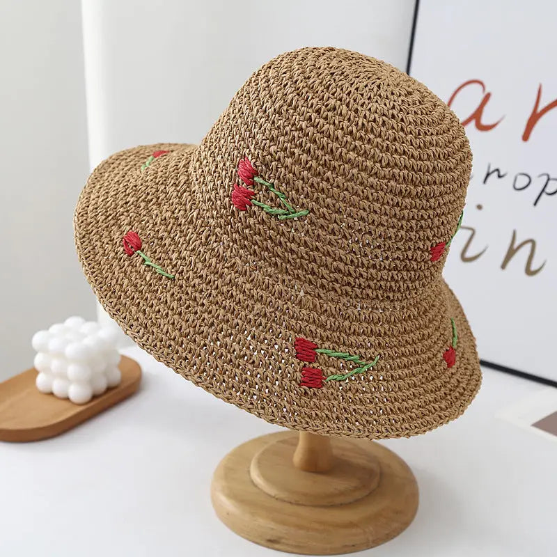 Cherry Crochet Foldable Straw Bucket Hat