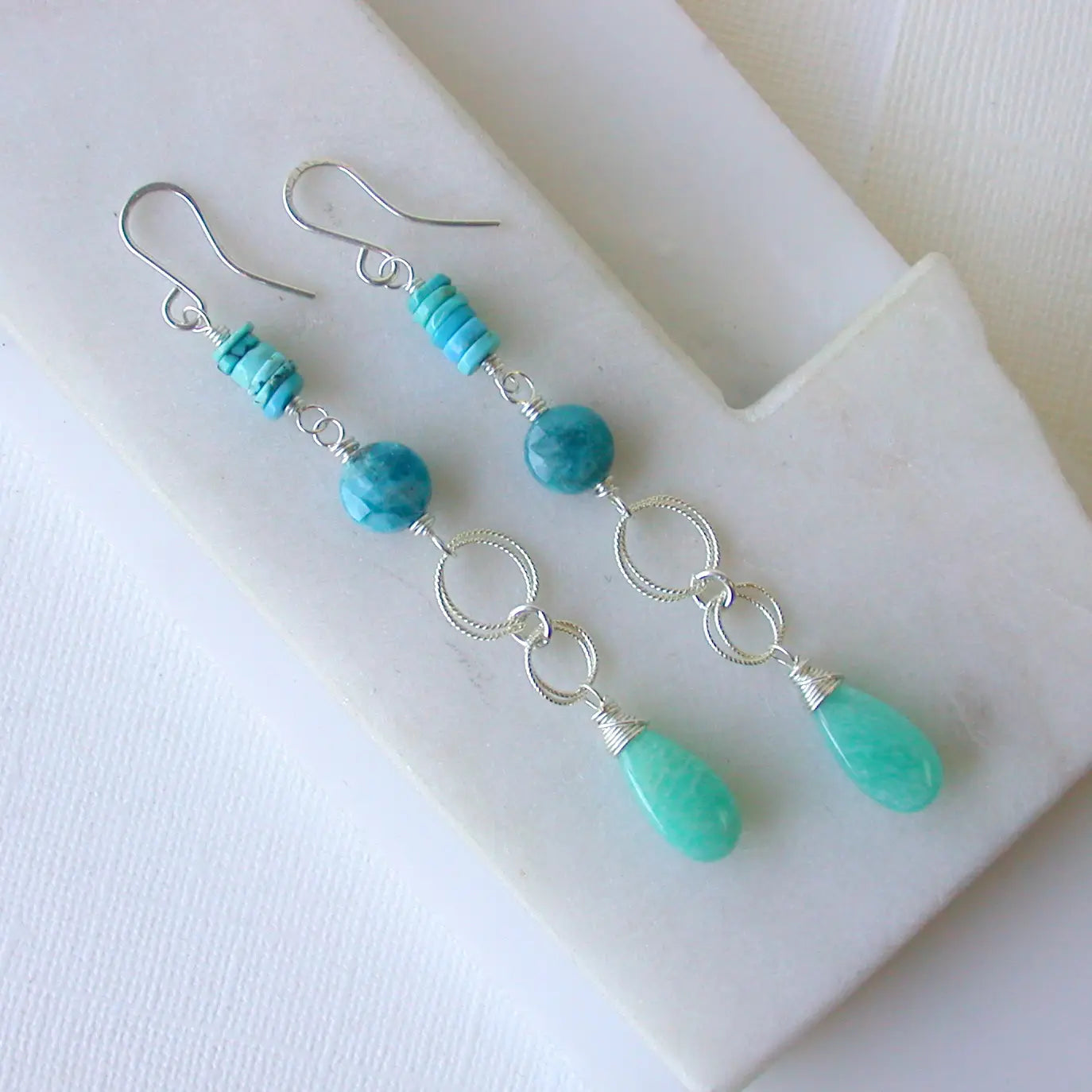Long Beachy Gemstone Sterling Silver Earrings