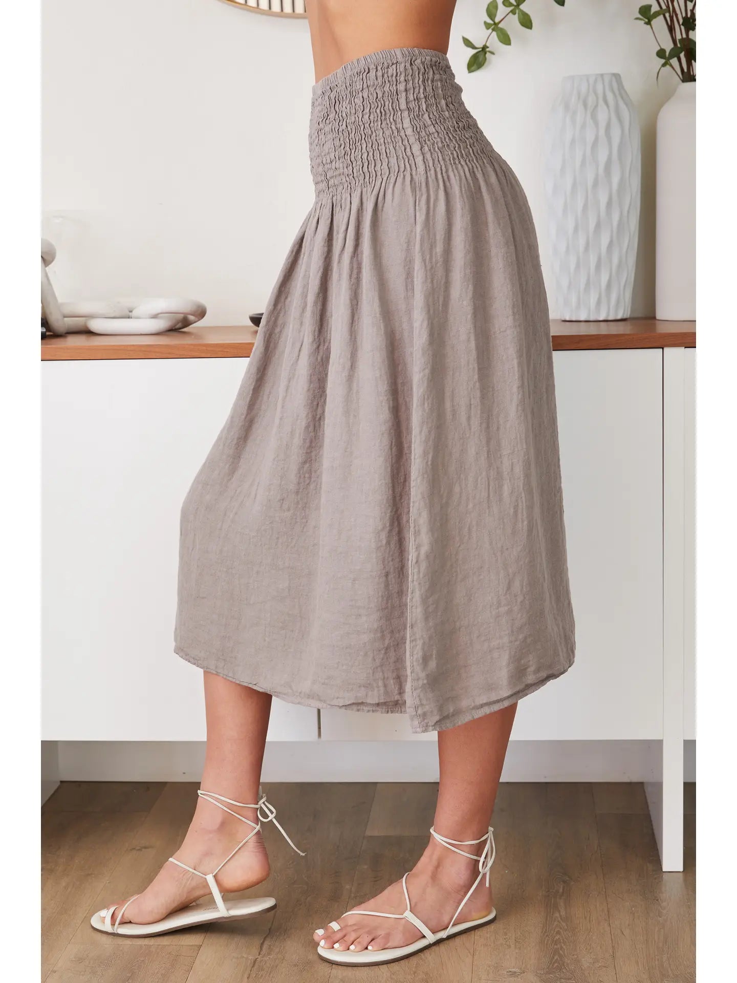 Linen Shirred Waist A-Line Skirt