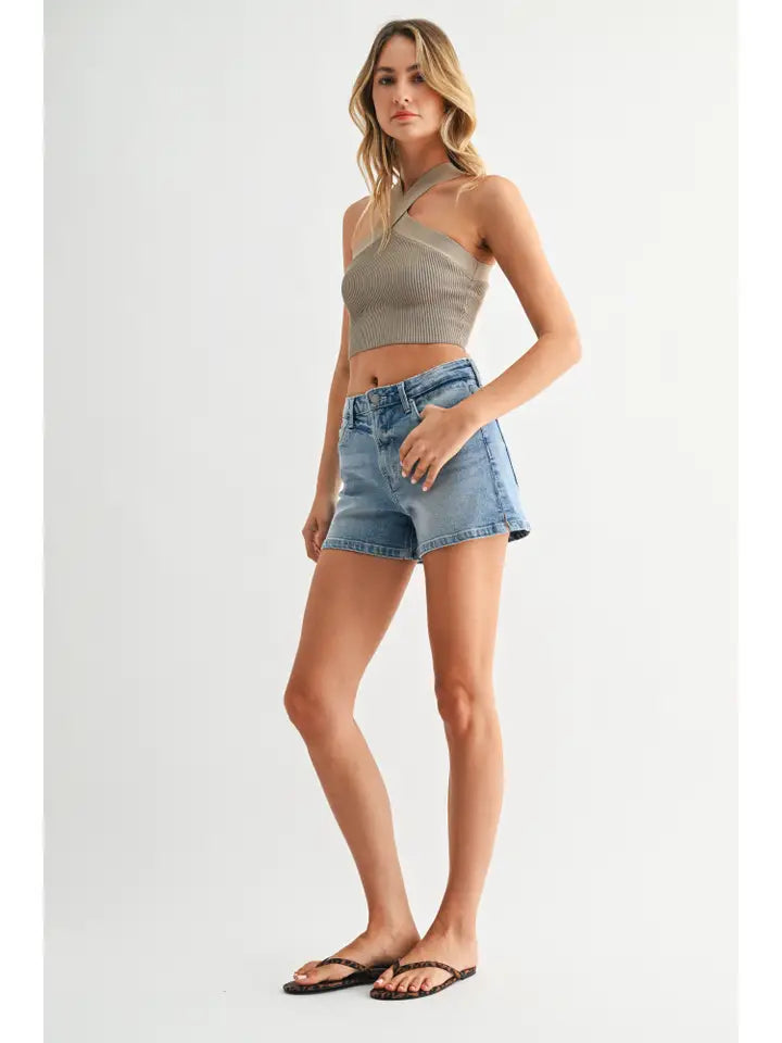 Light Denim Classic Side Slit Jean Shorts