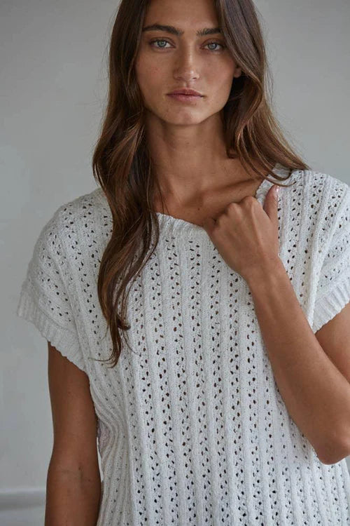 Knit Sweater Cotton Crochet Round Neck Short Sleeve Pullover Top