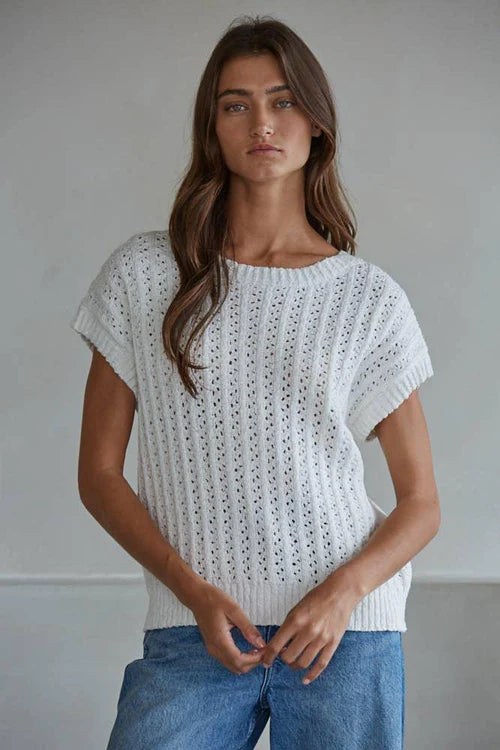 Knit Sweater Cotton Crochet Round Neck Short Sleeve Pullover Top