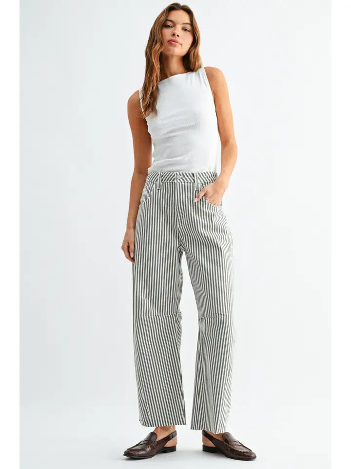Olive Striped Raw Hem Barrel Jeans