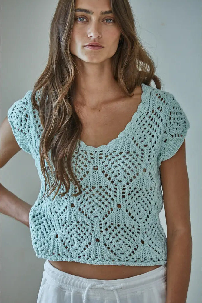 Knit Sweater Cotton Crochet V-Neck Cap Sleeve Top