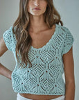 Knit Sweater Cotton Crochet V-Neck Cap Sleeve Top