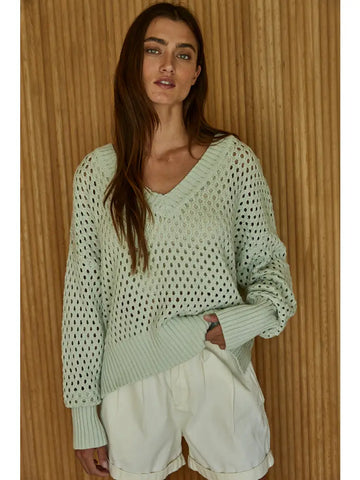 Light Mint Cotton Knit V-Neck Pullover Sweater
