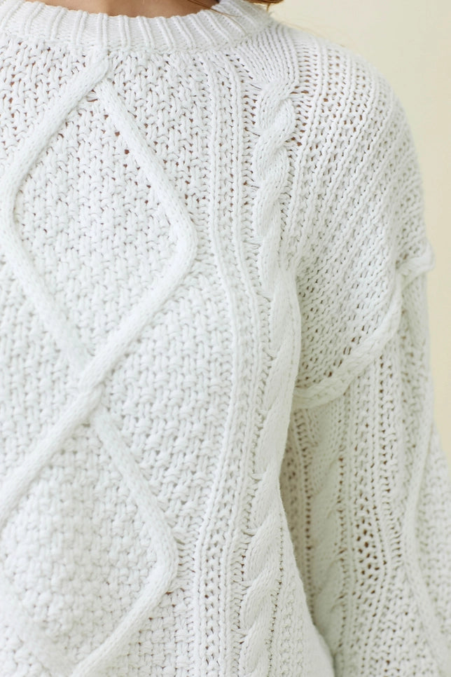 White Cotton Cropped Cable Crew Neck Sweater