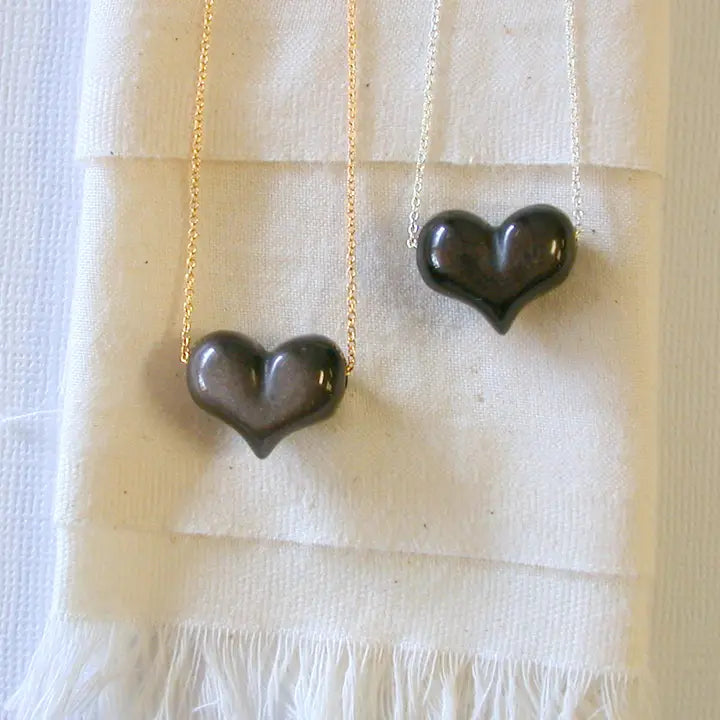 Puffy Obsidian Heart Necklace: 16" Sterling Silver