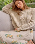 Pebble Washed Cotton Cable Crew Sweater: Almond