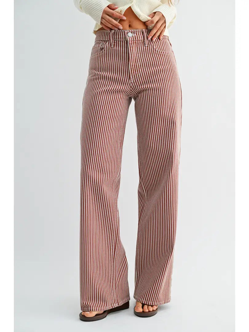 Spicey Brown Striped Relaxed Wide Leg Jeans