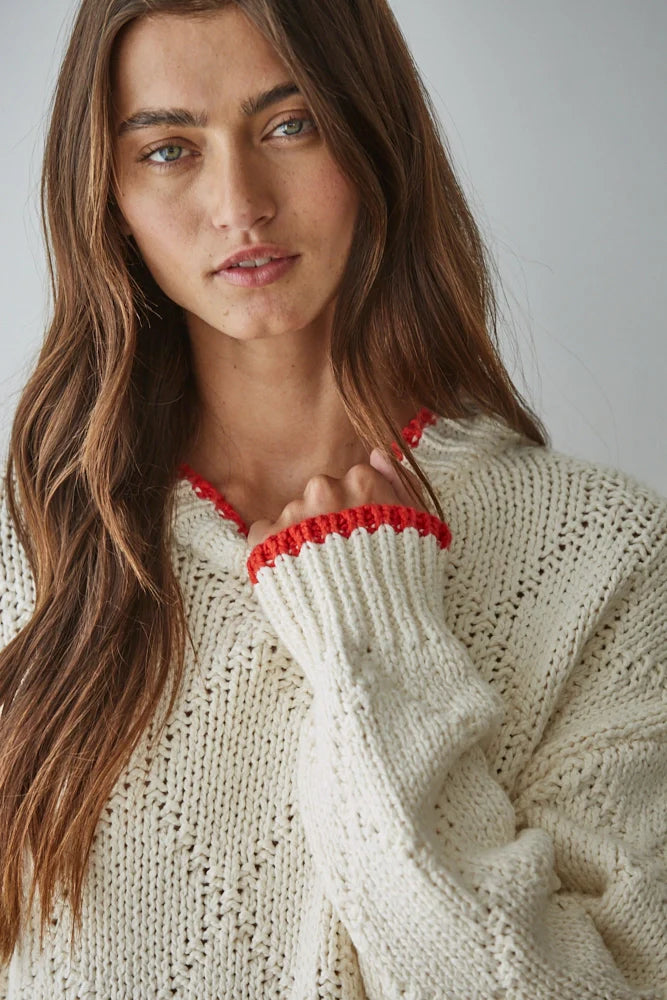 Pointelle Tipped Knit Cotton Crew Neck Sweater