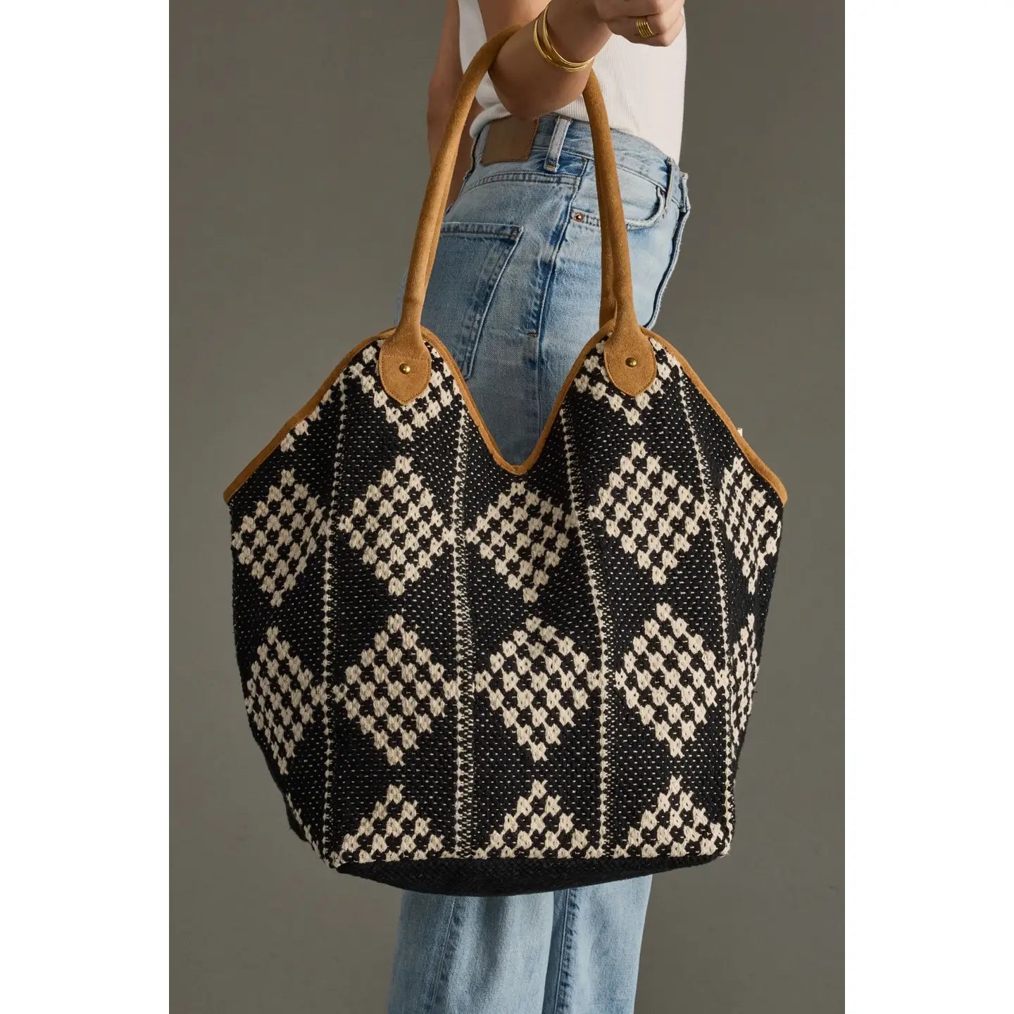 Black & Cream Diamond Pattern Cotton / Leather Tote