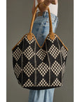 Black & Cream Diamond Pattern Cotton / Leather Tote