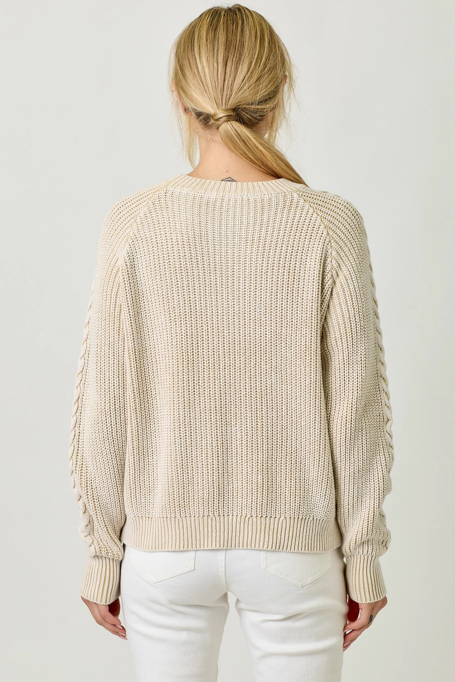 Pebble Washed Cotton Cable Crew Sweater: Almond
