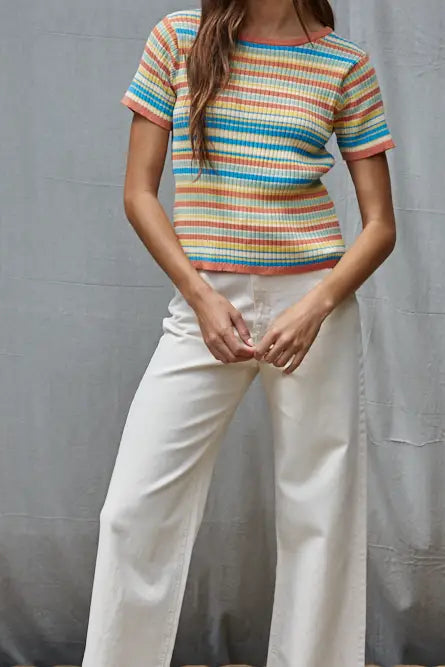 Striped Short Sleeve Cotton Knit Sweater Tee