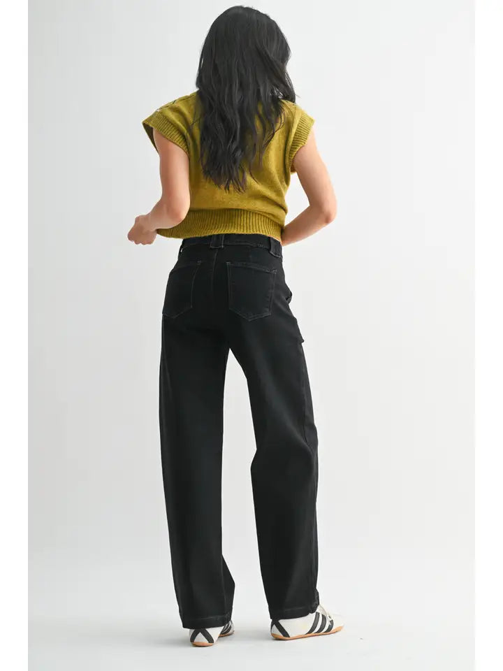 The Button Down Slim Wide Black Denim Jeans