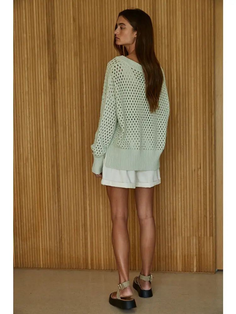 Light Mint Cotton Knit V-Neck Pullover Sweater
