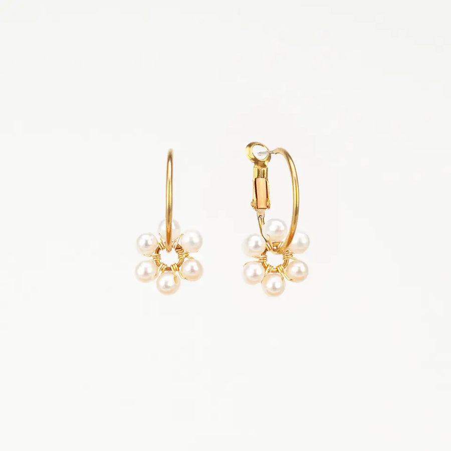 Pearl  Daisy Charm Hoop Earrings