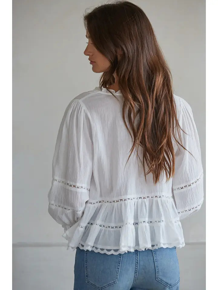 White Lace Front Button Woven Cotton V-Neck Quarter Sleeve Blouse