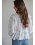 White Lace Front Button Woven Cotton V-Neck Quarter Sleeve Blouse