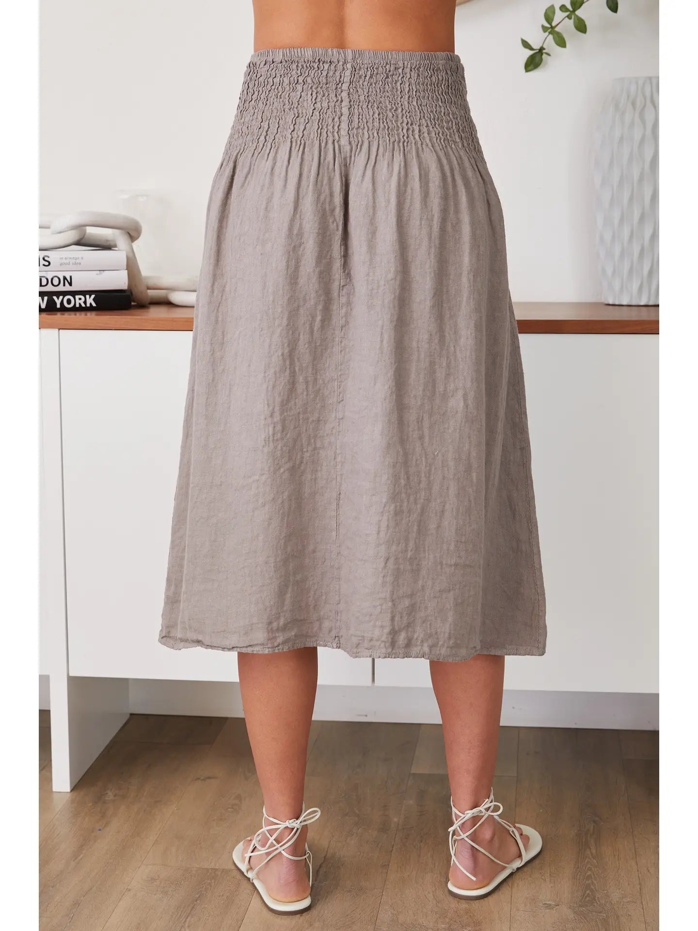 Linen Shirred Waist A-Line Skirt