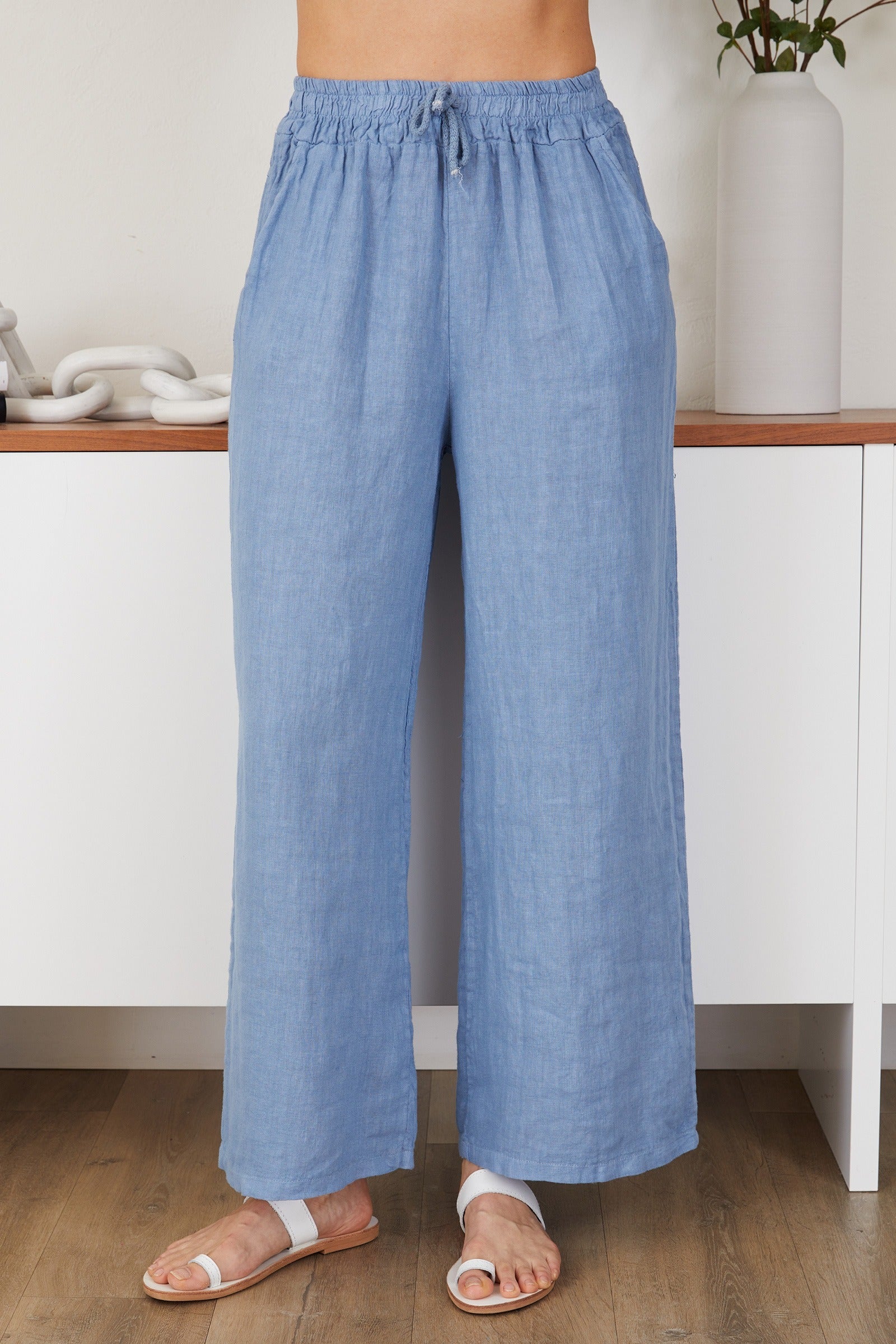 Drawstring Waistband Wide Leg Linen Pants