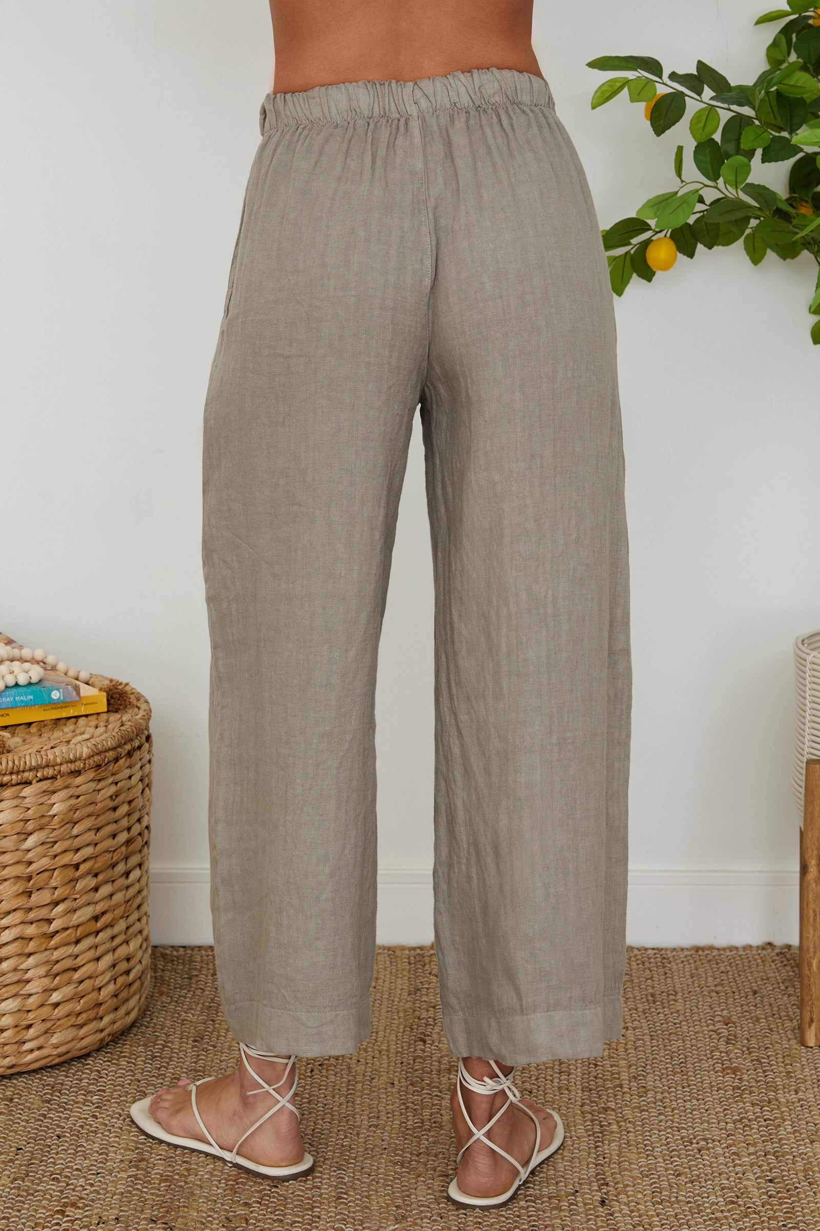 Drawstring Waistband Wide Leg Linen Pants
