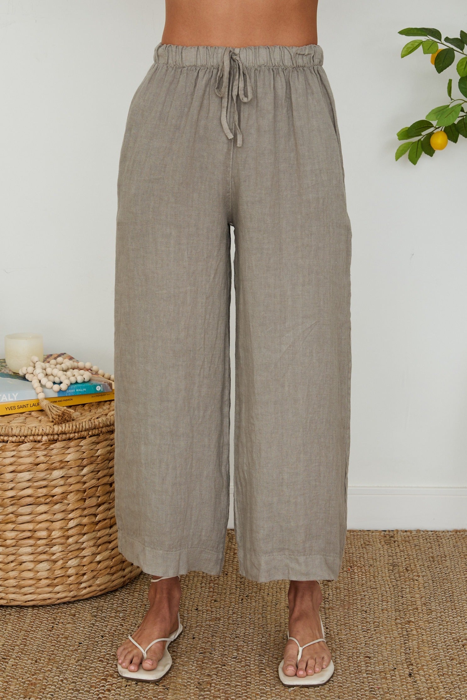 Drawstring Waistband Wide Leg Linen Pants