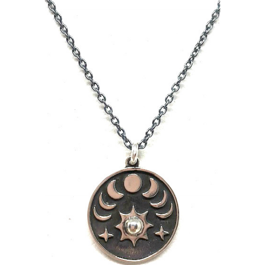 Sterling Silver Nature Inspired Necklace: Silver Disk Moon Phases